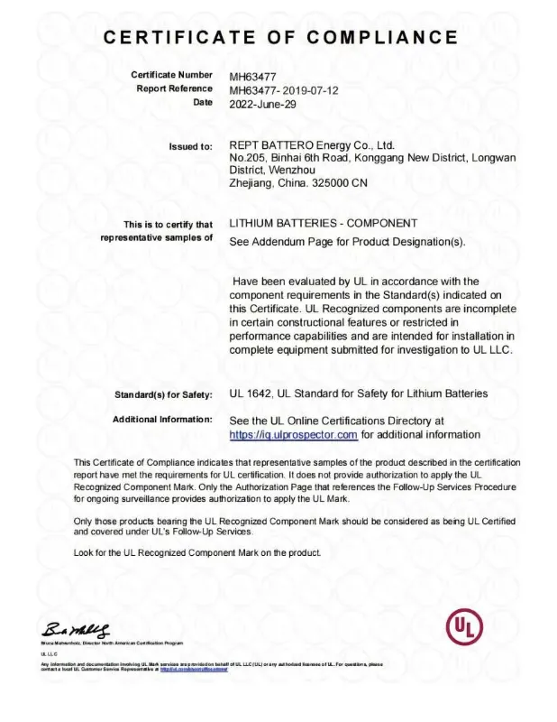 UL 1642 certification by REPT BATTERO