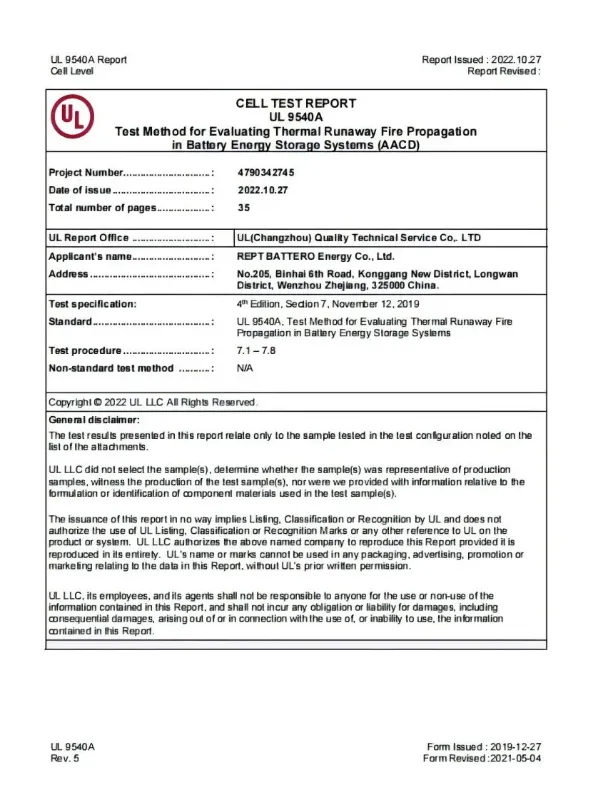 ul9540a(1) certification by REPT BATTERO